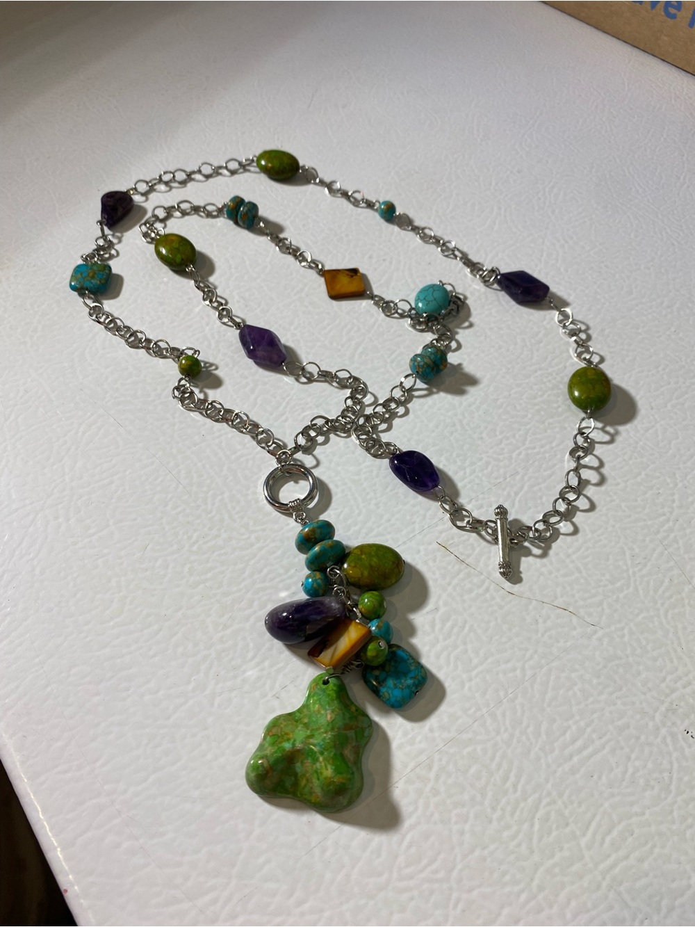 Multi-Stone Silver Chain Necklace with Green, Turquoise & Purple Accents